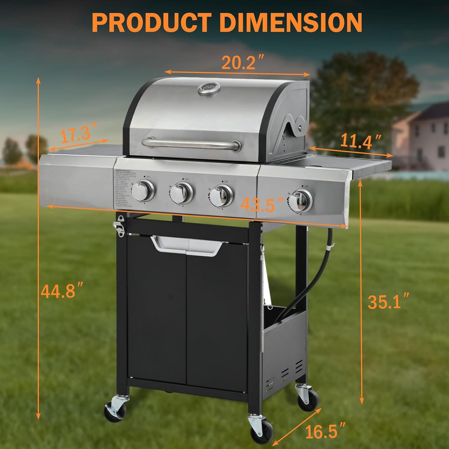 3-Burner Propane Gas Grill with Side Burner, 40,500 BTU Stainless Steel BBQ - Easy Assembly & Grease Management for Patio, Backyard, Camping (3+1Burner No Cover)