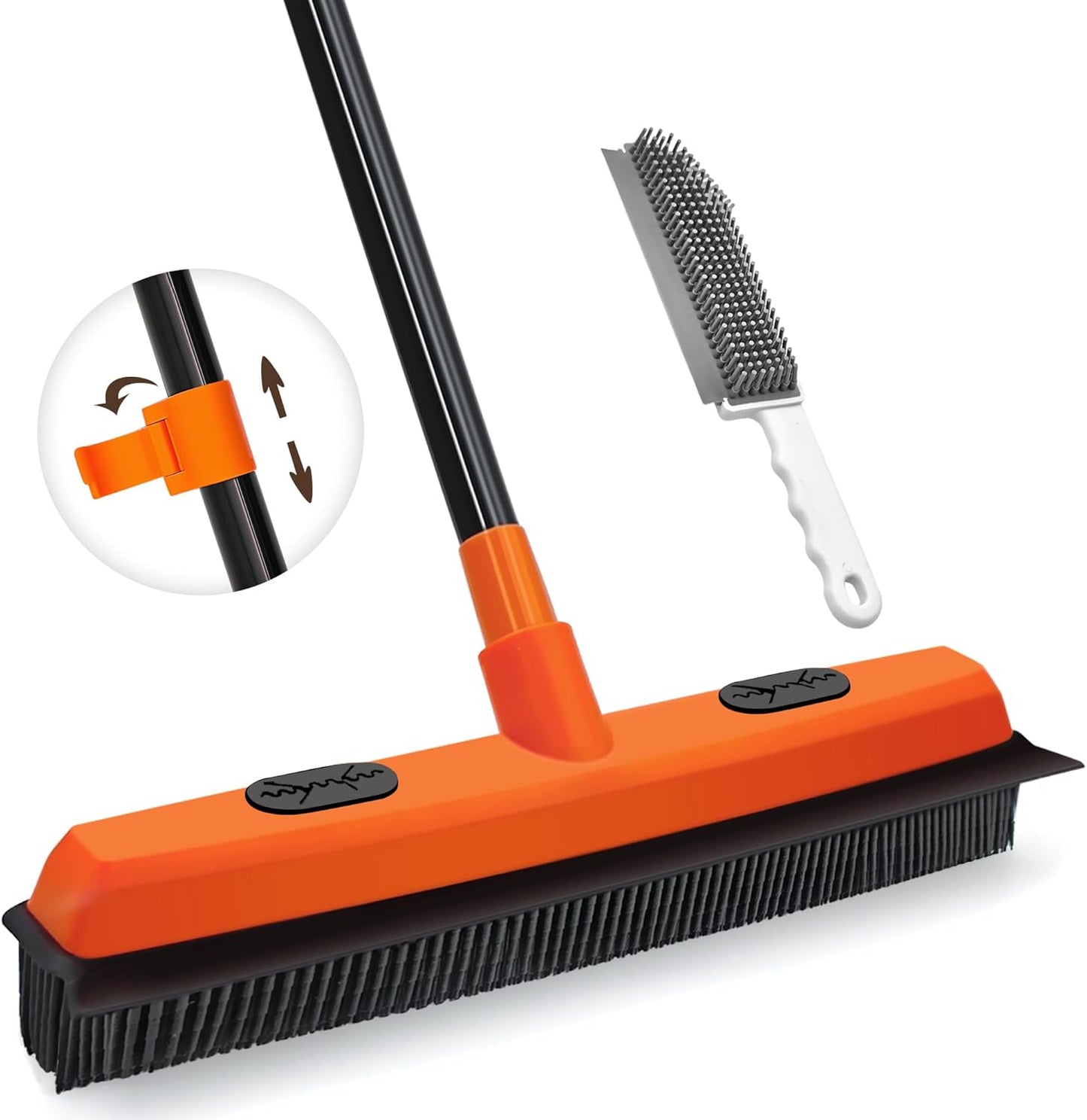 JEHONN Rubber Broom Carpet Rake for Pet Hair Remover, Fur Removal with Squeegee, Portable Detailing Brush Brush, 52.8 Inches Telescopic Long Handle for Fluff Carpet