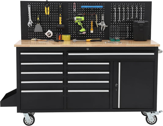 Heavy Duty 61" Tool Chest Cabinet, Mobile Garage Workbench with 10 Drawers and Power Strip, Rubber Wood Worktop, 1675 LBS Load, Rolling Tool Storage Organizer for Mechanic, Shop or Home Use