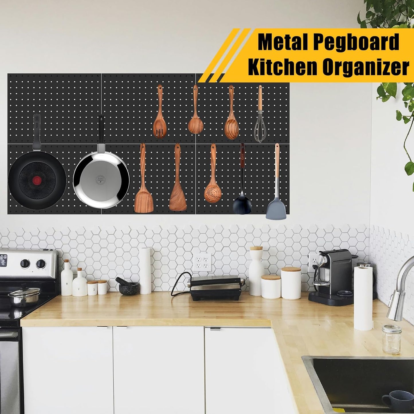 6 Pcs Metal Pegboard Panels, Heavy Duty Peg Boards for Garage and Garden Tool Storage, Includes Drywall Anchors and Screws Kits, Black (6 pcs 16in x 12in)