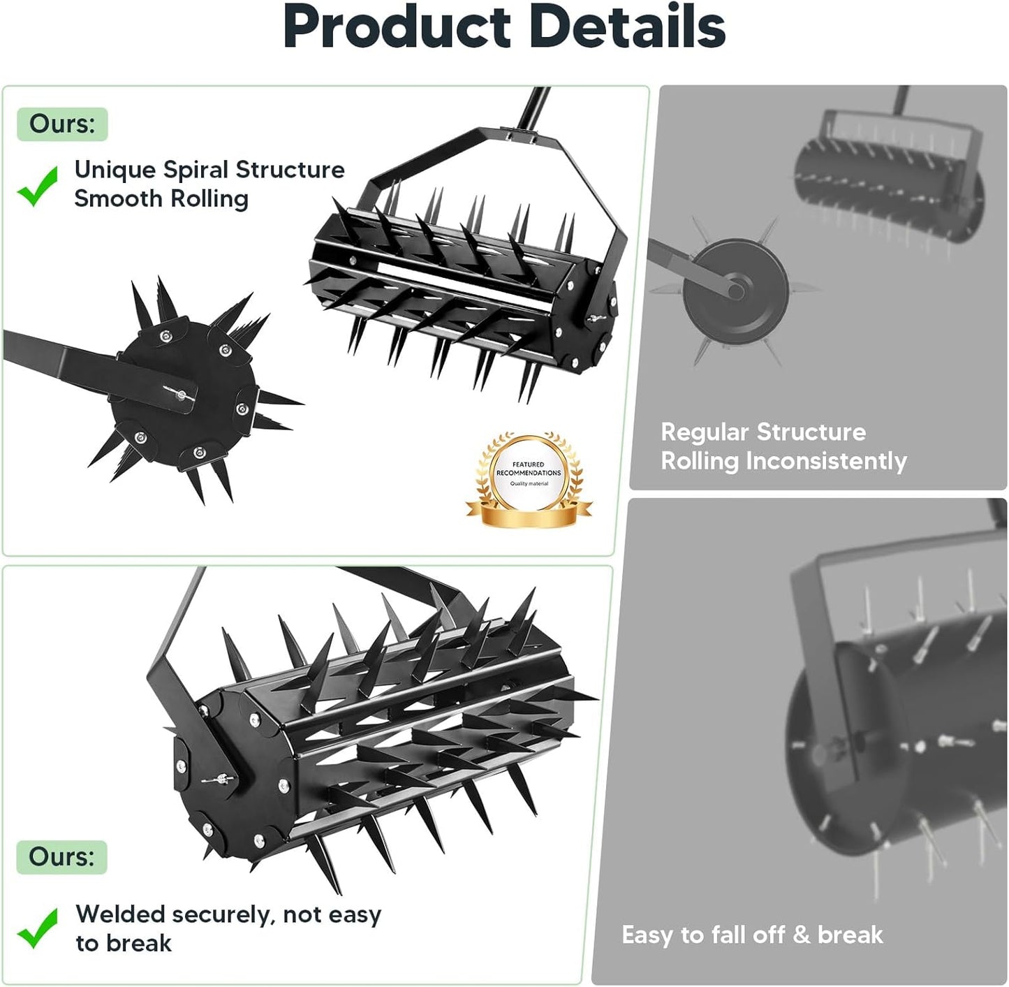 Rolling Lawn Aerator, Rotary Spike Lawn Aerator, Heavy Duty Manual Aerator Lawn Tool, 17-Inch Push Spike Aerator Roller with Adjustable Steel Handle for Garden, Lawns, Patio and Yard Grass Aeration