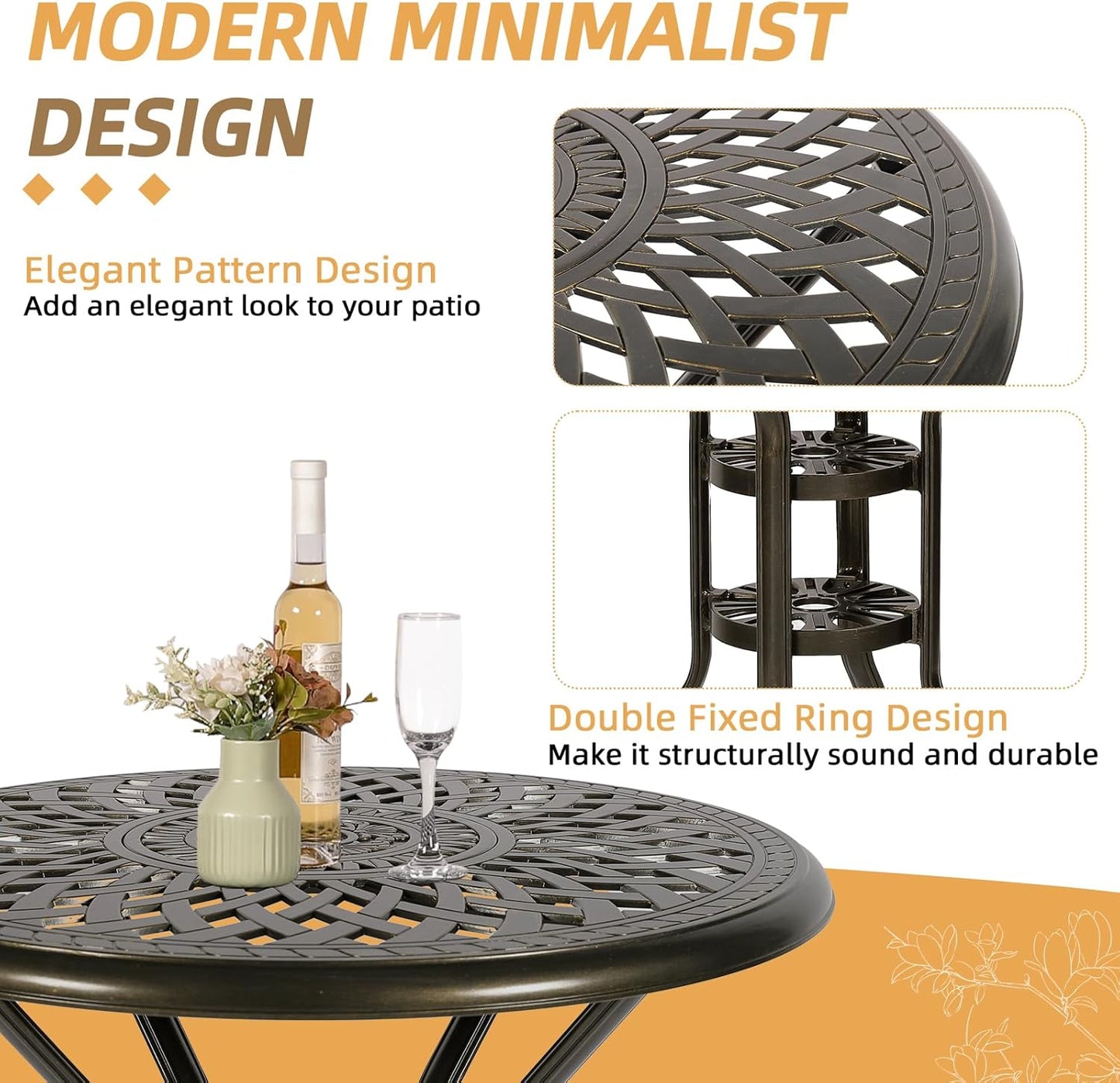 3-Piece Patio Swivel Bar Set, High Top Bar Table & Chairs, All-Weather Cast Aluminum Swivel Bar Stools (2) & 31" Table, Patio Bistro Set for Garden