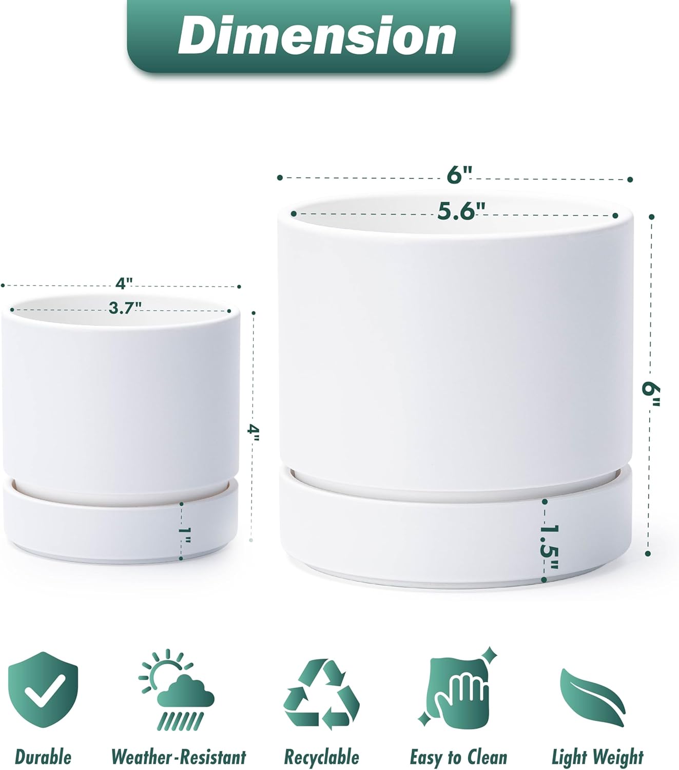 Phoenix Vine 4 Inch and 6 Inch Planter Pot with Drainage Hole & Deep Water Catch Tray Saucer, Straight Cylindrical Round Pot for Plants, Matte White, 23-A-1-Z