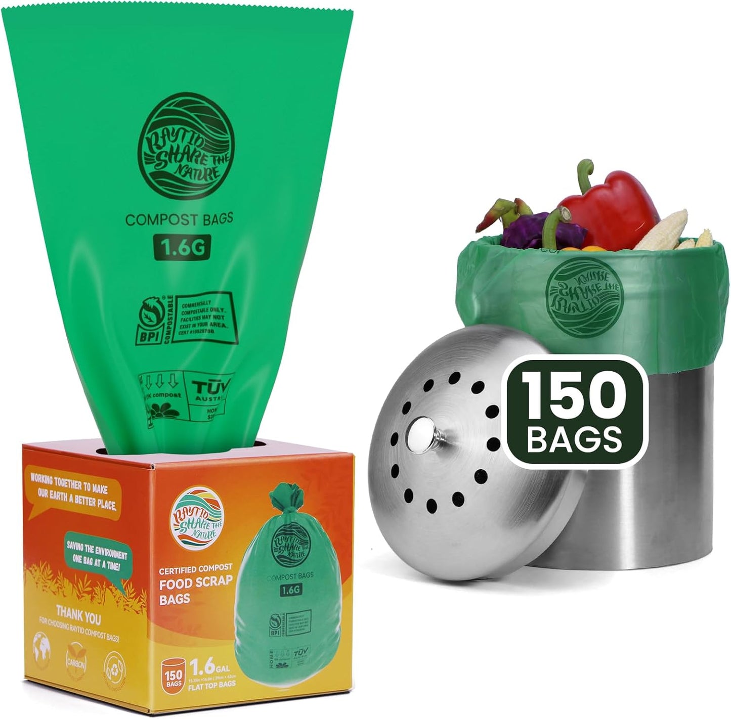 RAYTID 150 Counts 1.6 Gallon (1.6-1.75-2 Gal) Compost bin kitchen Bags, Fit 4.5,6,7,8 Liters,Strong compost bags for countertop bin,ASTM D6400, US BPI and Europe OK compost HOME certified