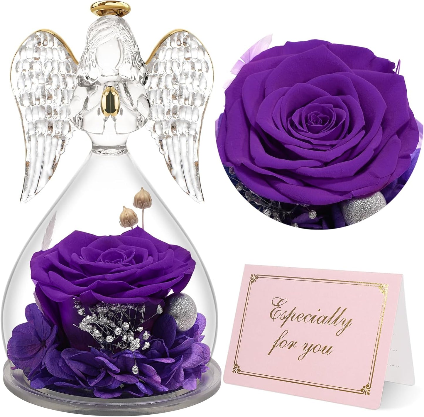 Yamonic Angel Figurines With Real Preserved Rose - Mom Birthday Gift for Grandma, Women - Mother's Day (Purple)