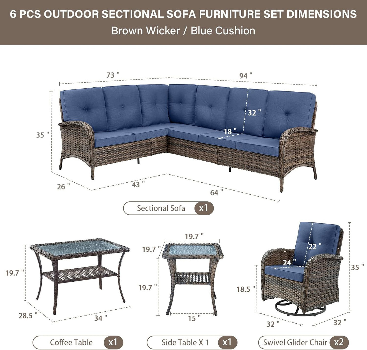 Outdoor Furniture Set - 6 Pieces Patio Conversation Sectional Sofa Set with Swivel Rocker Outdoor Chairs Set of 2 and Wicker Coffee Table for Deck Backyard Sunroom Brown