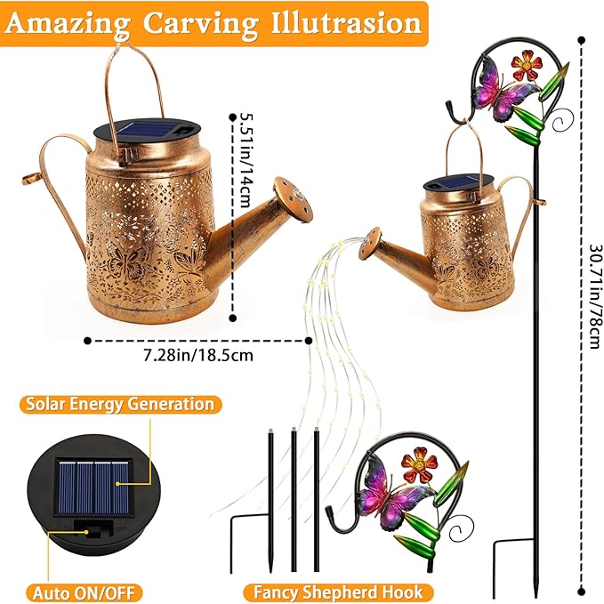 Solar Watering Can Lights, Butterfly Hanging Lantern Solar Lights Outdoor, Waterproof Garden Decor Outside Patio Yard Pathway Backyard, Gardening Gifts for Mom Grandma Women Birthday Mother's Day