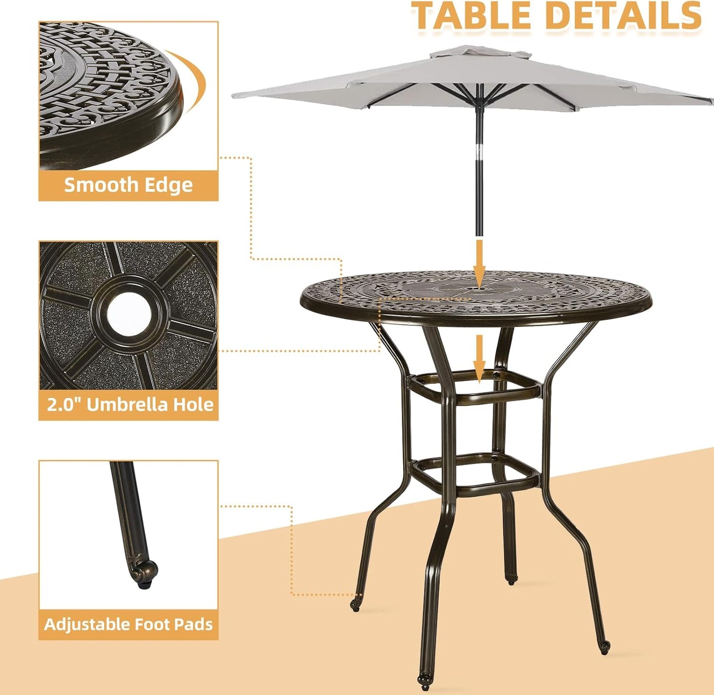 3-Piece Patio Swivel Bar Set, High Top Bar Table & Chairs, All-Weather Cast Aluminum Swivel Bar Stools (2) & 38.5" Table, Patio Bistro Set