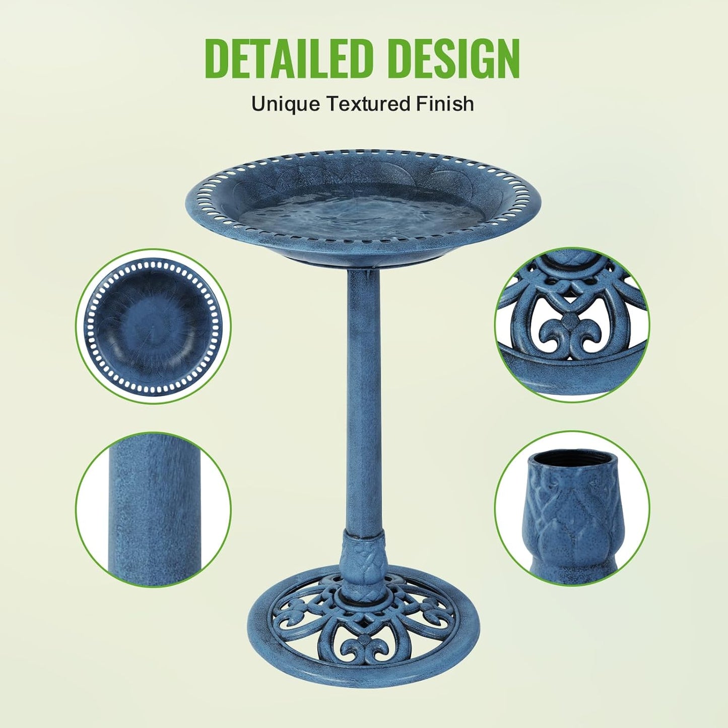 Backyard Expressions Outdoor Garden Bird Bath - Blue - Weather Resistant Polyresin - 27 Inch