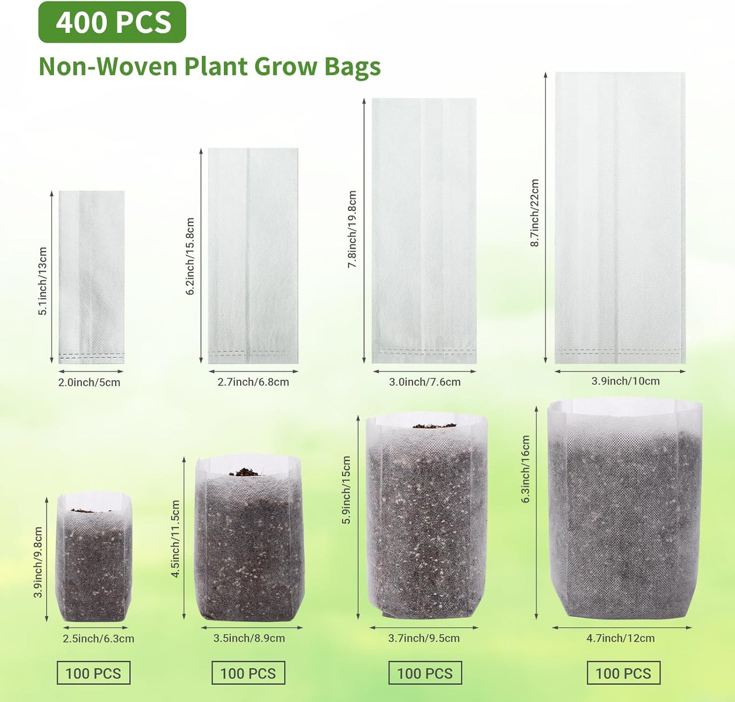 GREANER 400PCS Nursery Bags for Plants, Mixed Sizes Potting Bags for Indoor Outdoor Planting, Plant Nursery Pouches for Seed Starting, Soil Transplant, Home Garden Supply