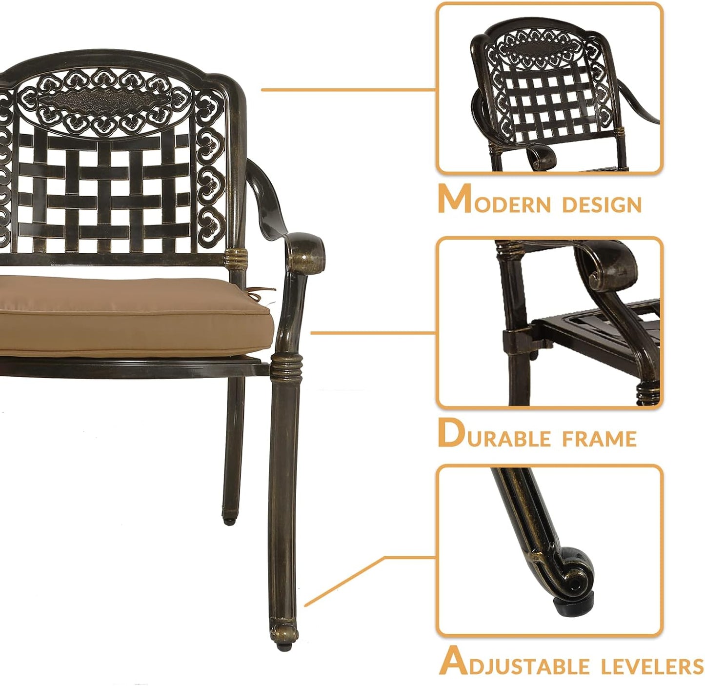 3-Piece Outdoor Patio Dining Set, All-Weather Cast Aluminum Patio Furniture Set for Backyard Garden Deck with 2 Cushioned Chairs and 31” Round Table, 2" Umbrella Hole