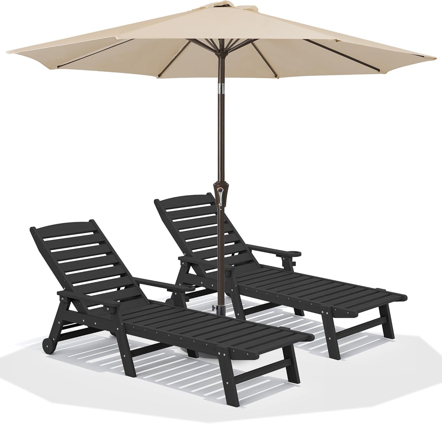 SERWALL Patio Chaise Lounge Chair Set of 2 with 9FT Patio Umbrella, 78'' HDPE Outdoor Lounger, Poly Lounge Chair with Rolling Wheels & Cup Holder for Pool,Obsidian Black (Umbrella Base not Included)