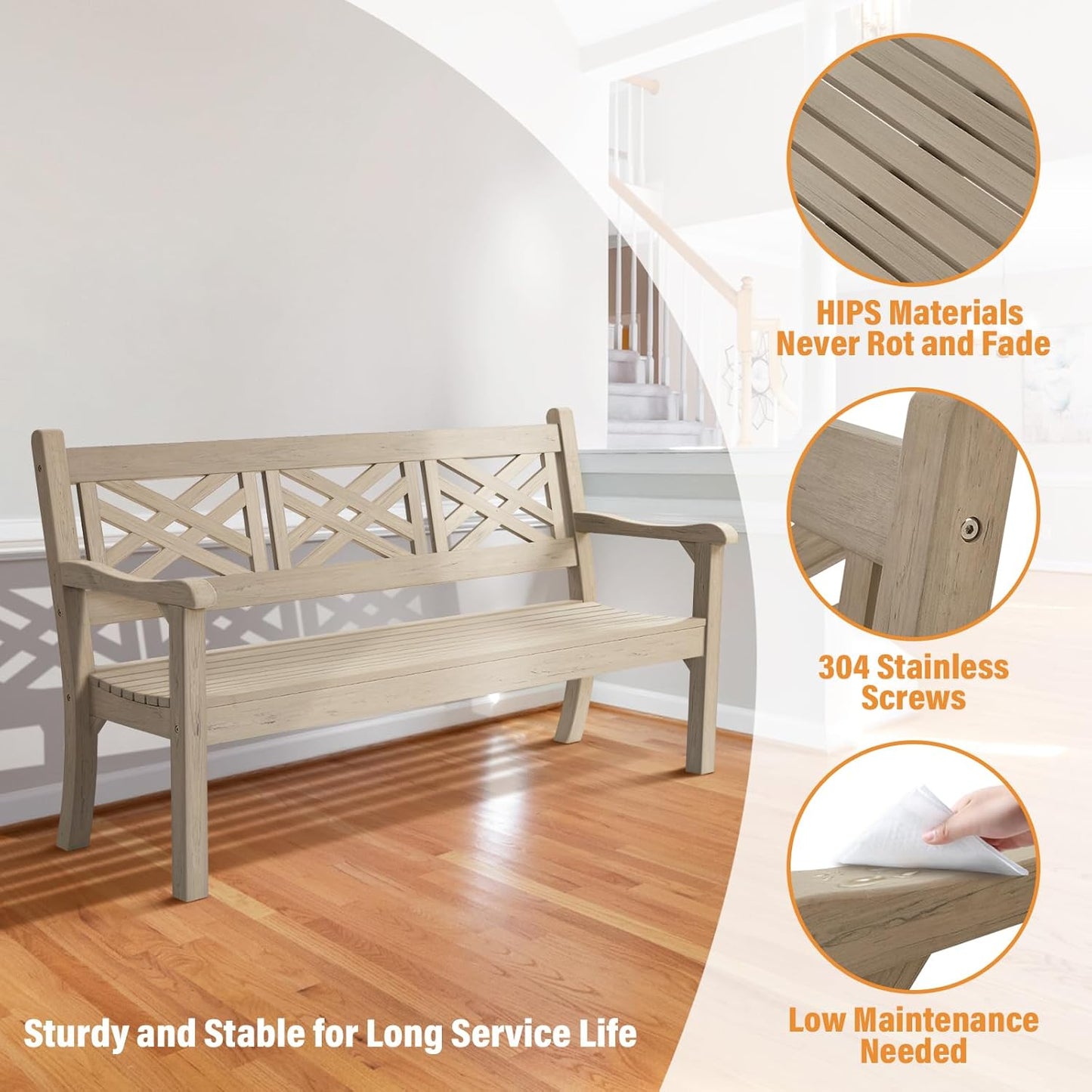 Psilvam 63''W All-Weather Poly Lumber Outdoor Bench – Teak Color, 3-Person Garden Bench with Decorative Backrest & Curved Armrests, Anti-Rot & Fade-Free Patio Bench for Porch, Backyard, and Park(Grey)