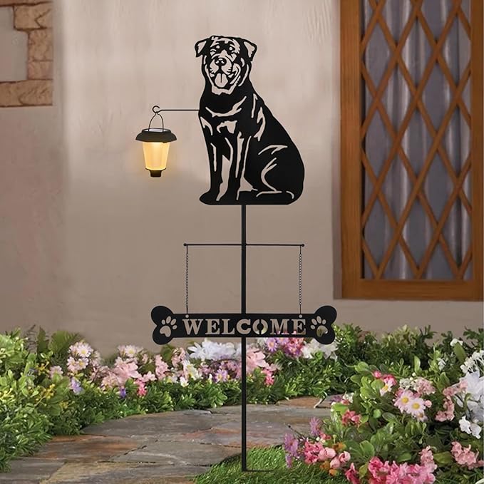 BAYN Solar Rottweiler Silhouette Dog Breed Welcome Sign with a Lantern Outdoor Decorative Garden Stakes for Yard, Lawn, Patio, Pathway