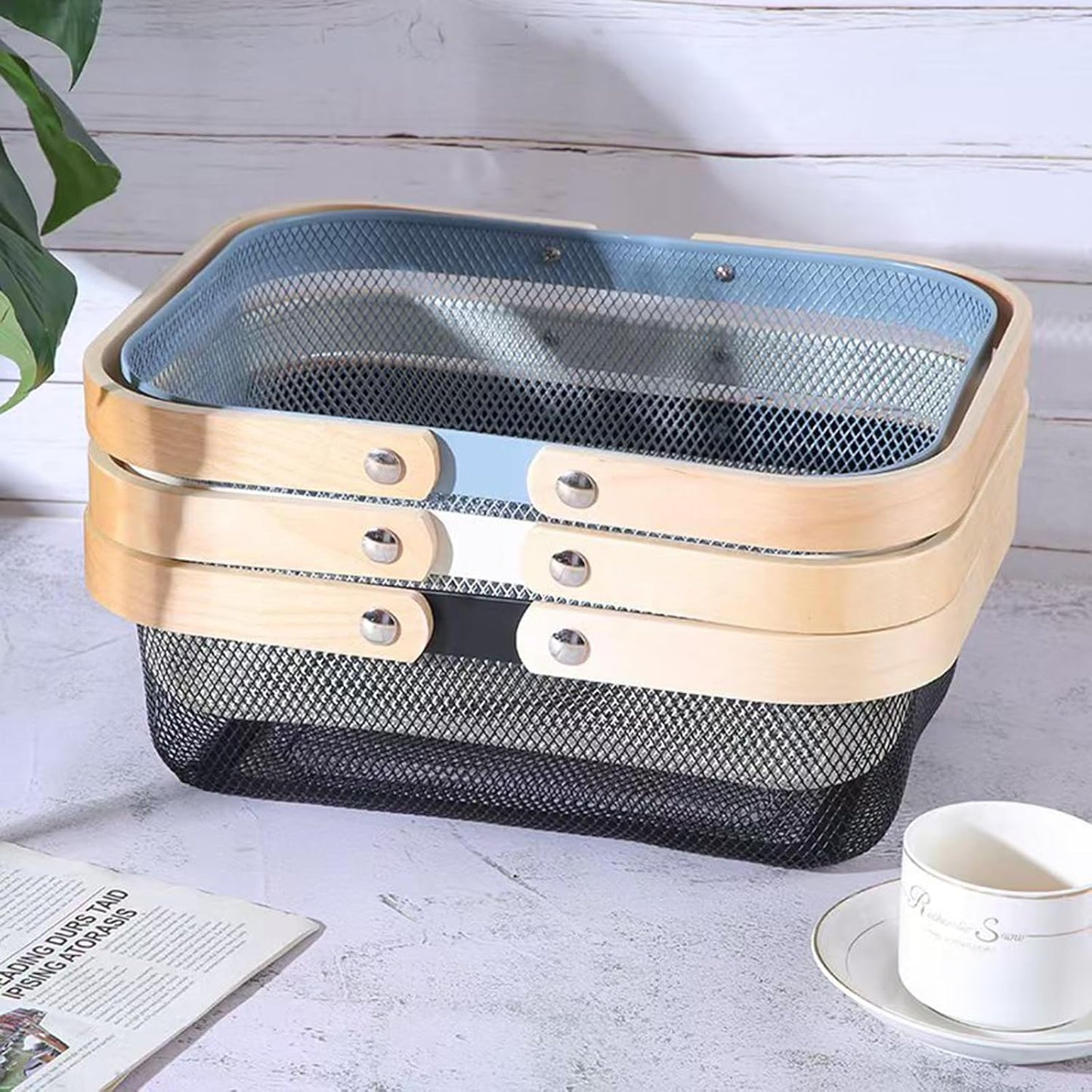 Metal Mesh Steel Basket, Storage Organizer Baskets Garden Harvest Basket Multi-functional Kitchen Fruit Baskets Bin with Wooden Handle for Bathroom Picnic Shopping Decor Cabinet Home, Blue