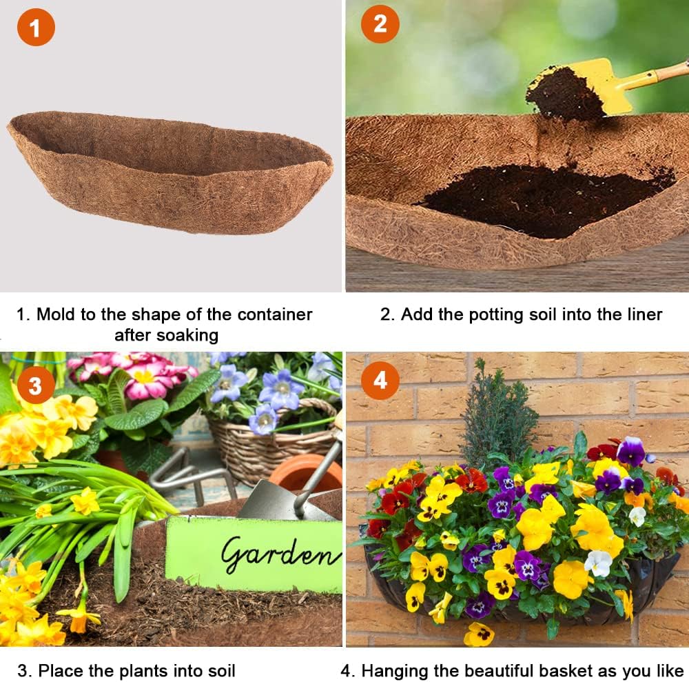 2 Pack Trough Coco Liner Fiber Replacement for Planters, 24/30/36/48 inch Half Moon Coconut Coir Planter for Window Box/Hanging Trough Planter, Garden Flower Vegetables Pot, Fence Flower Baskets