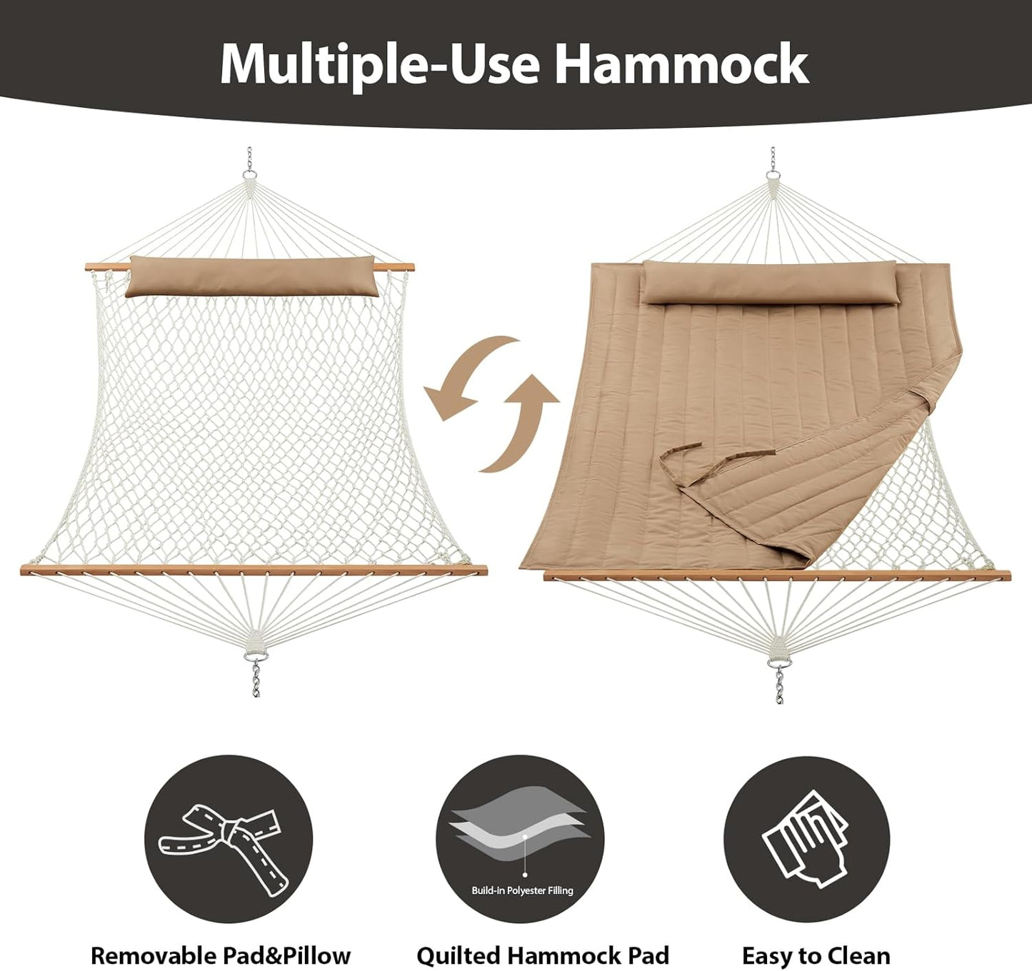 Outdoor Double Hammock with Hardwood Spreader Bars, Large Rope Hammock with Polyester Pad and Pillow, 475 LBS Capacity for 2 Person Patio Backyard Poolside - Tan