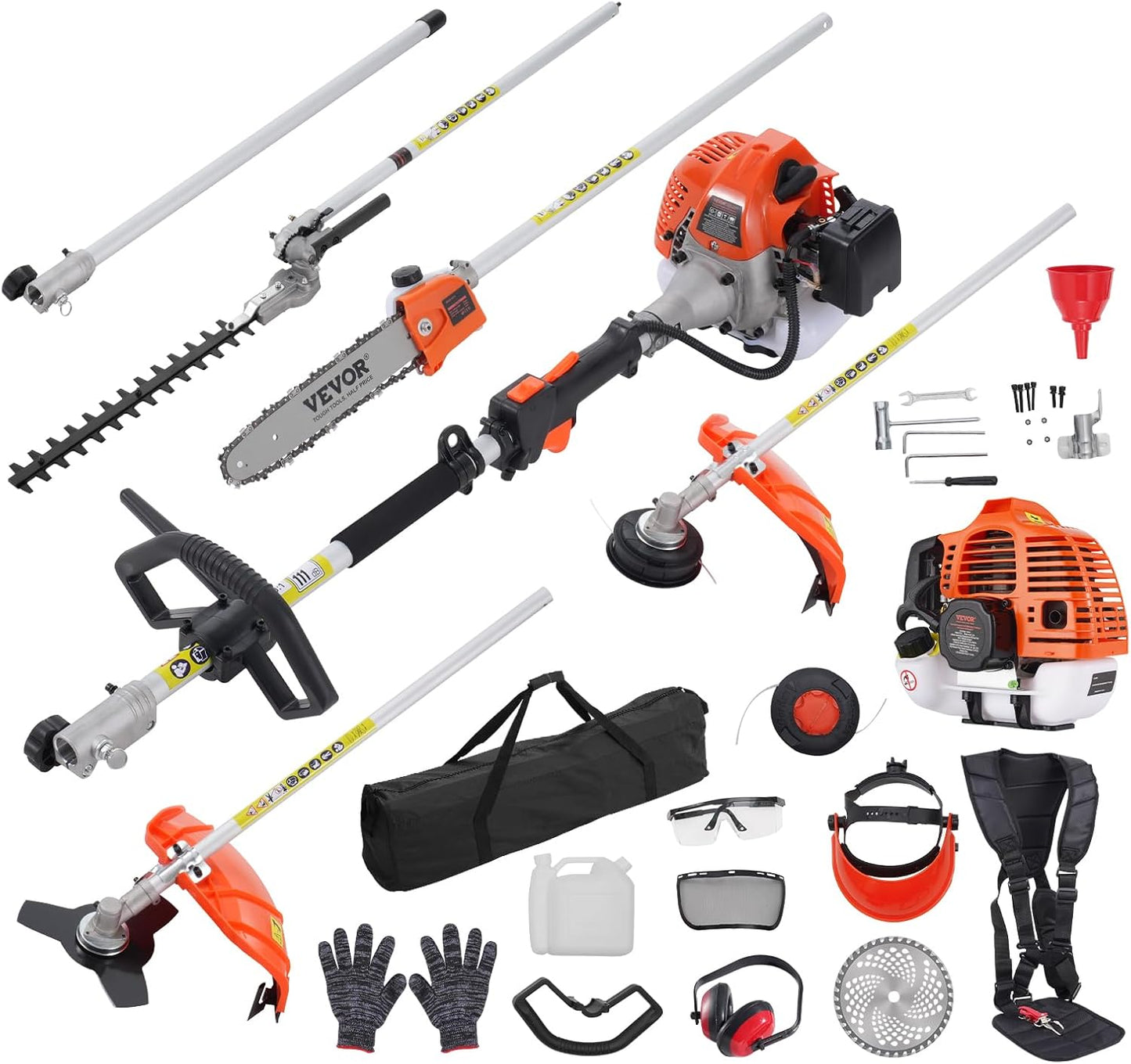 VEVOR 52cc Gas-Powered 6-in-1 Multi-Functional Trimmer - Hedge Trimmer, Brush Cutter, Weed Eater, Edger, Pole Saw & Chainsaw Pruner, EPA, CE & EMC Certified