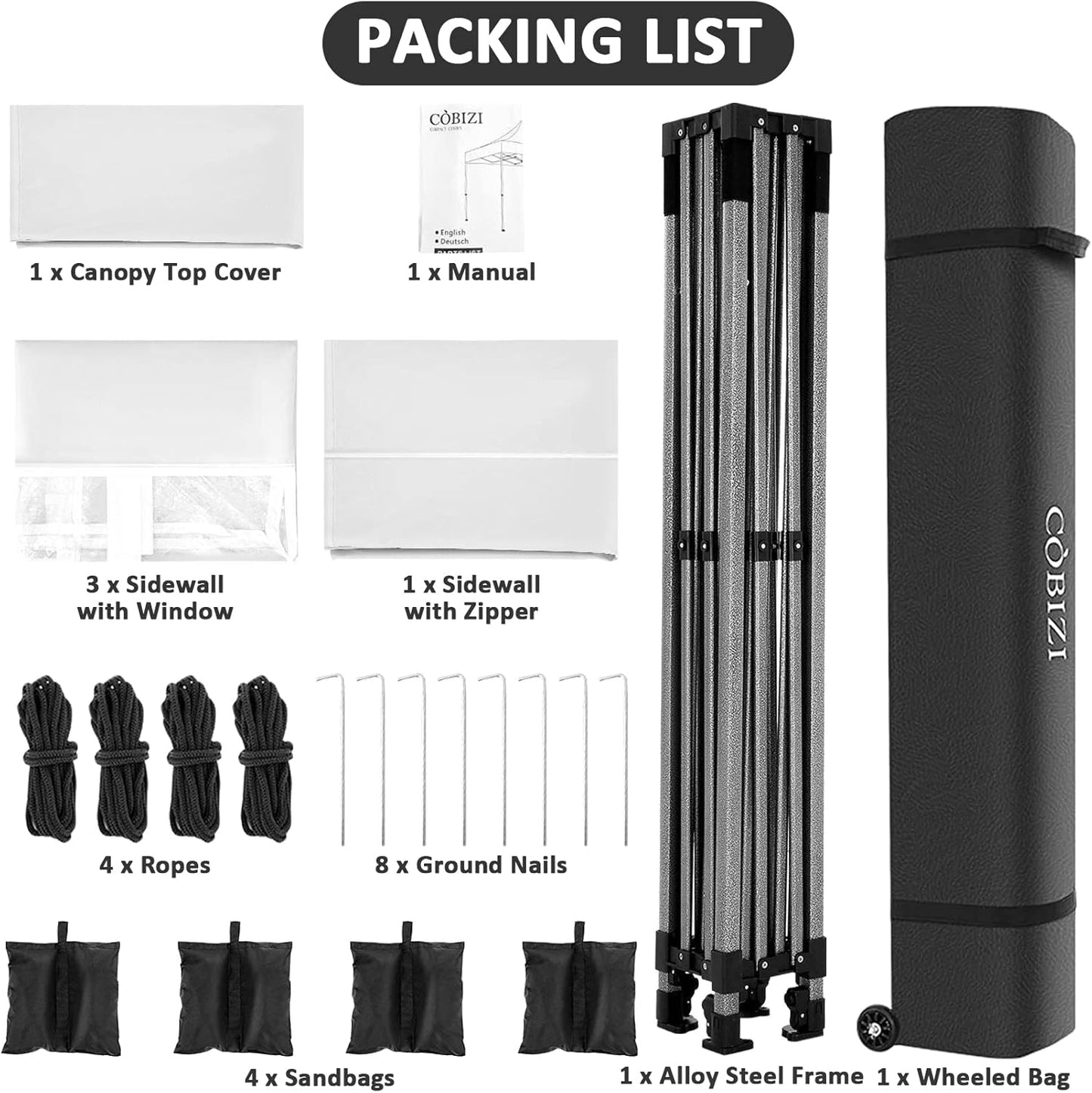 COBIZI 10x10 Pop Up Canopy with 4 Sidewall,Heavy Duty Canopy UPF 50+ All Season Wind Waterproof Commercial Outdoor Wedding Party Tents for Parties Canopy Gazebo with Roller Bag (10 x 10 ft White)