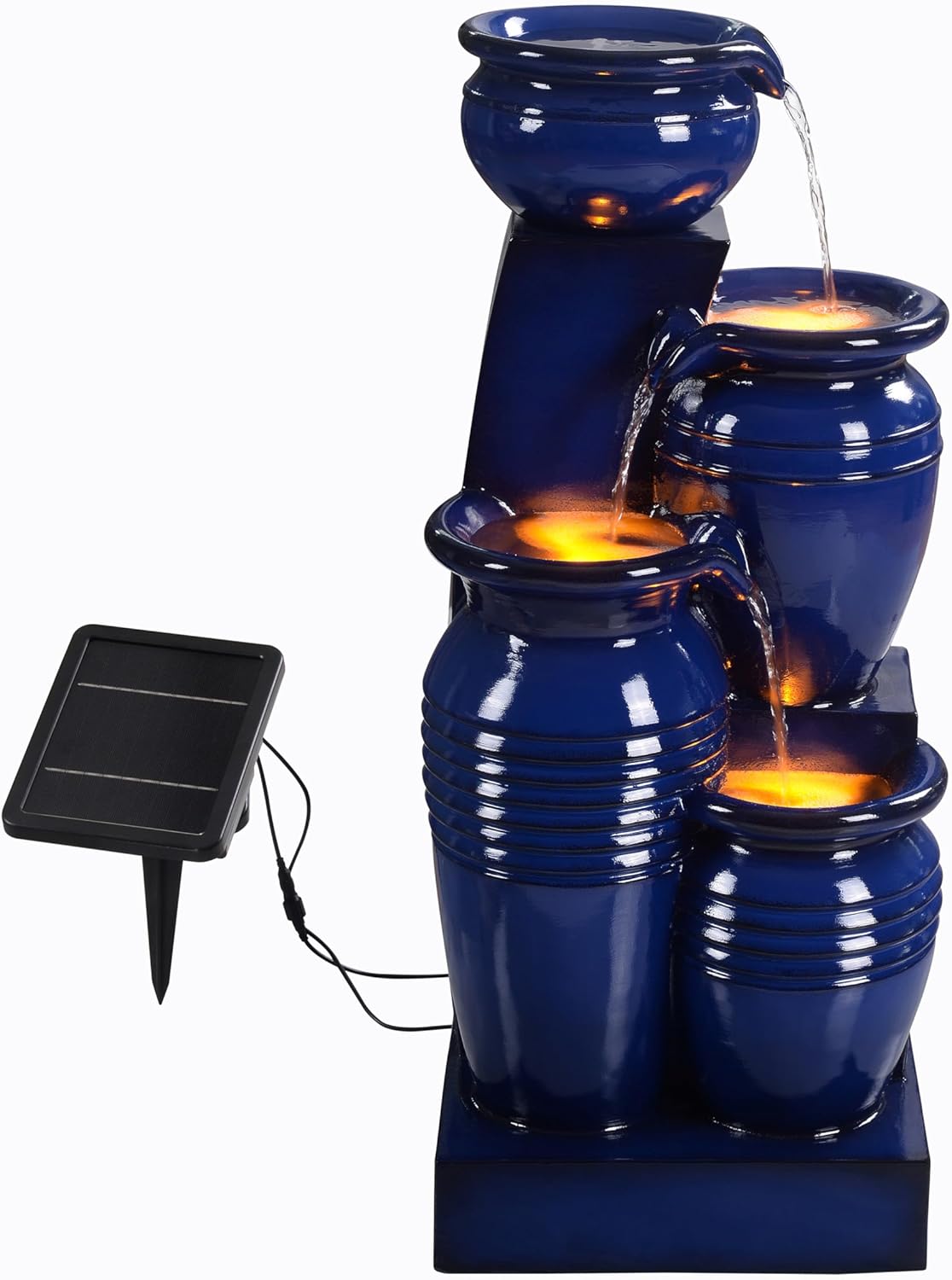 Teamson Home 28.74 in. 4-Tier Cascading Bowl Solar-Powered Water Fountain with LED Lights for Gardens, Landscaping, Patios, Balconies, Lawns, Navy Blue