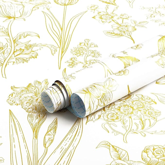 Dimoon 393"x17.3" Floral Wallpaper Peel and Stick Flowers Golden White Contact Paper Thicken Waterproof Modern Self Adhesive Plants Wallpaper Removable Wall Paper Shelf Vinyl Roll