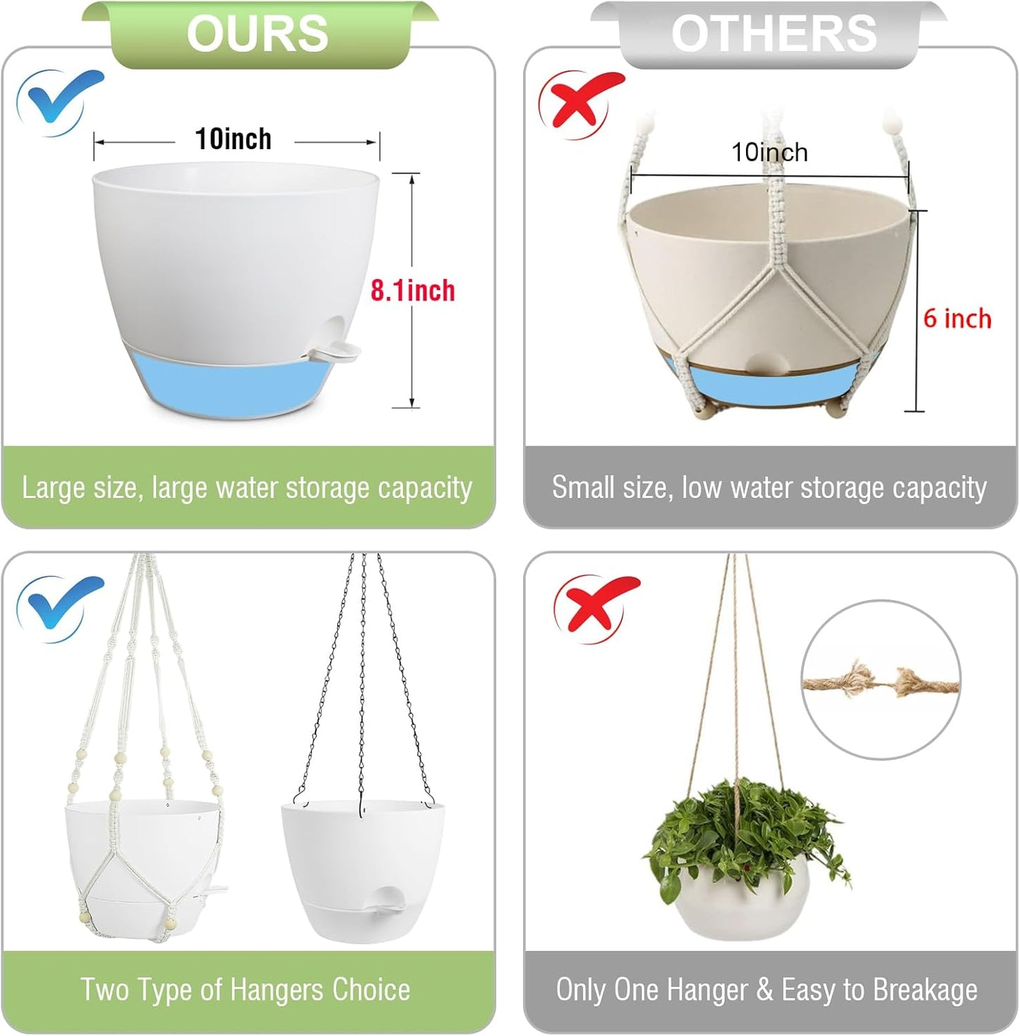 10 inch Self Watering Hanging Planters, 2 Pack Hanging Flower Pots for Indoor Outdoor Plants, Hanging Baskets with Drainage Holes & 2 Kinds of Plant Hangers for Garden Home Decor, White