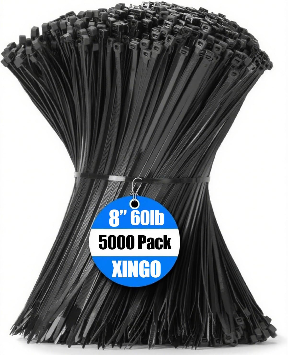 XINGO 5000 PCS Black Zip Ties 8 Inch, 60 LBS Tensile Strength, Self-Locking Nylon Plastic Nylon PA66 Wire Ties for Indoor and Outdoor Use