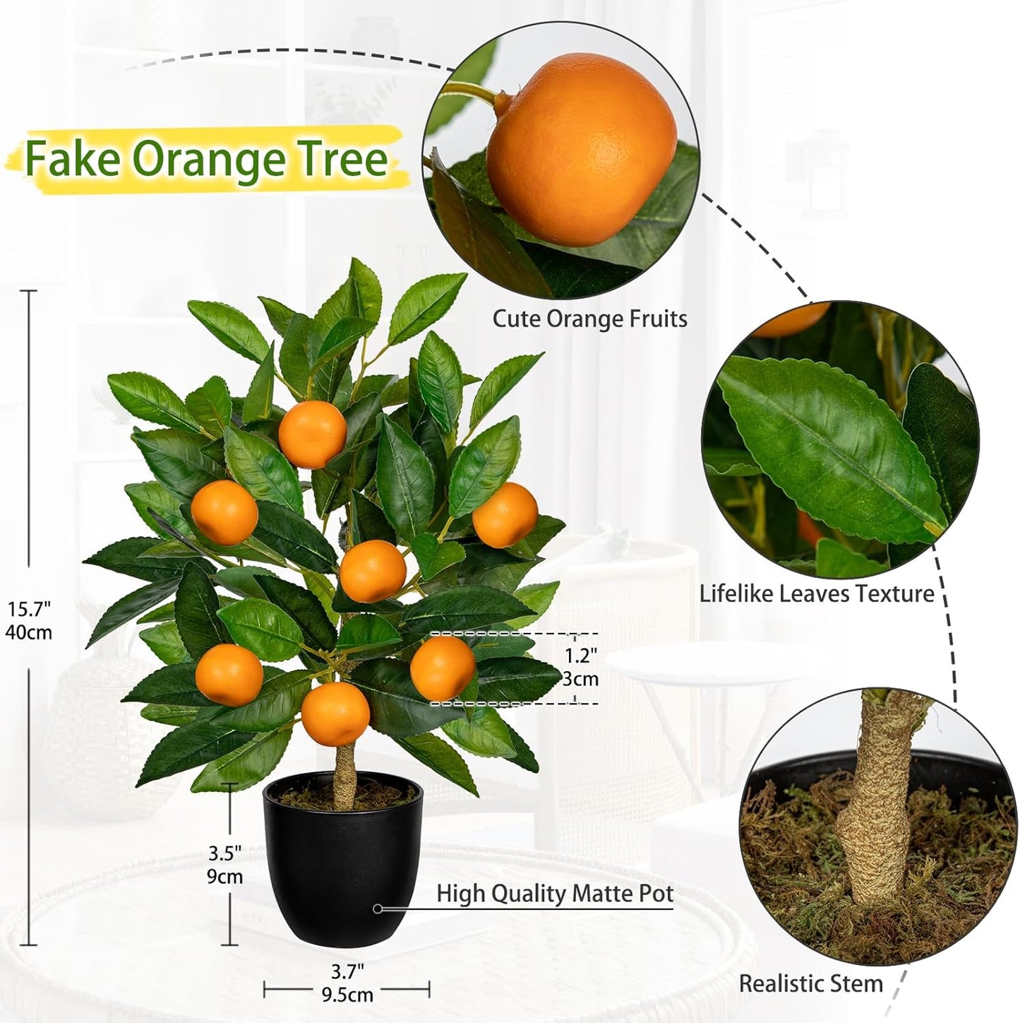 Artificial Potted Plants 15.7 inches Fake Orange Tree Artificial Citrus Fruit Plant with Black Pot Faux Plants Indoor for Home,Office, Living Room Table, Desk
