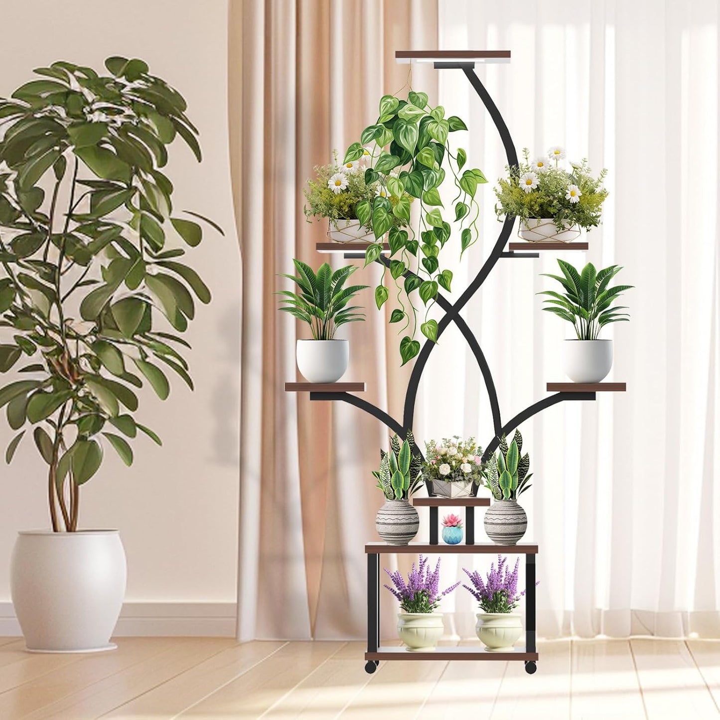 Indoor Plant Stand with Grow Lights ，Stylish S-Shaped Metal Rack for Multiple Indoor Plants ，8-Tiered Tall Plant Shelf for Home and Patio ，Perfect for Plant Lovers