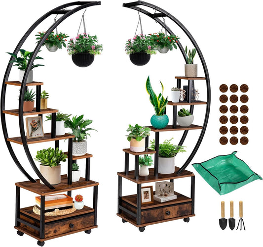 71” Tall 2 PCS Half Moon Indoor Plant Stand with Lockable Wheels, 14-Tier Plant Shelf with Drawer & Accessories, Plant Holder Display Rack for Multi-plants, Plant Rack for Balcony Living Room