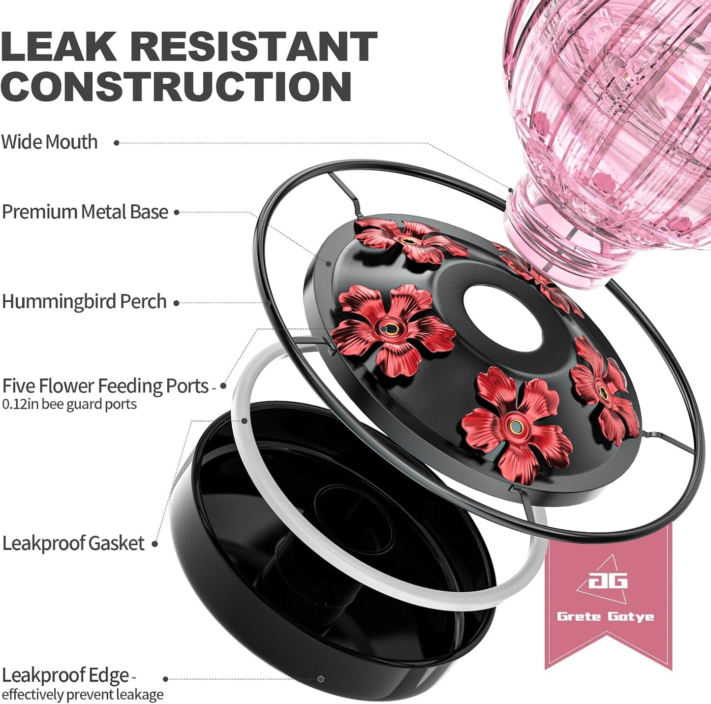 Glass Hummingbird Feeder for Outdoors Hanging, Bird Nectar Feeder with Perch & 5 Flower Feeding Ports, 26 Oz Leak Proof for Outside Garden Decor Backyard, Gifts for Women Mom, Pink