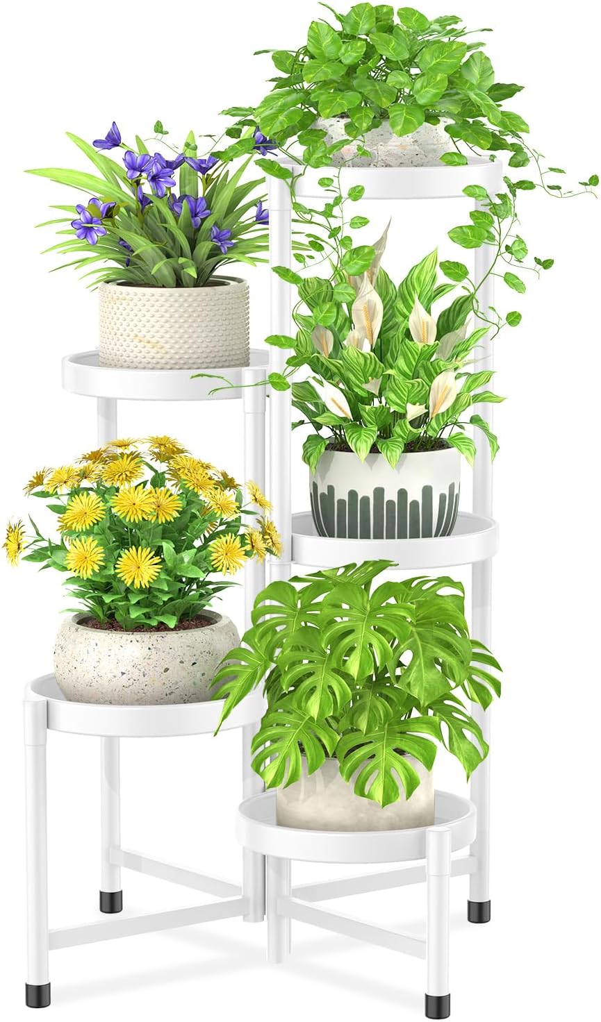 iDavosic.ly Plant Stand Indoor Outdoor, 5 Tier Corner Metal Flower Display Holder Shelf, Folding Tall Orchid Rack for Patio Balcony Porch Garden Living Room House, White