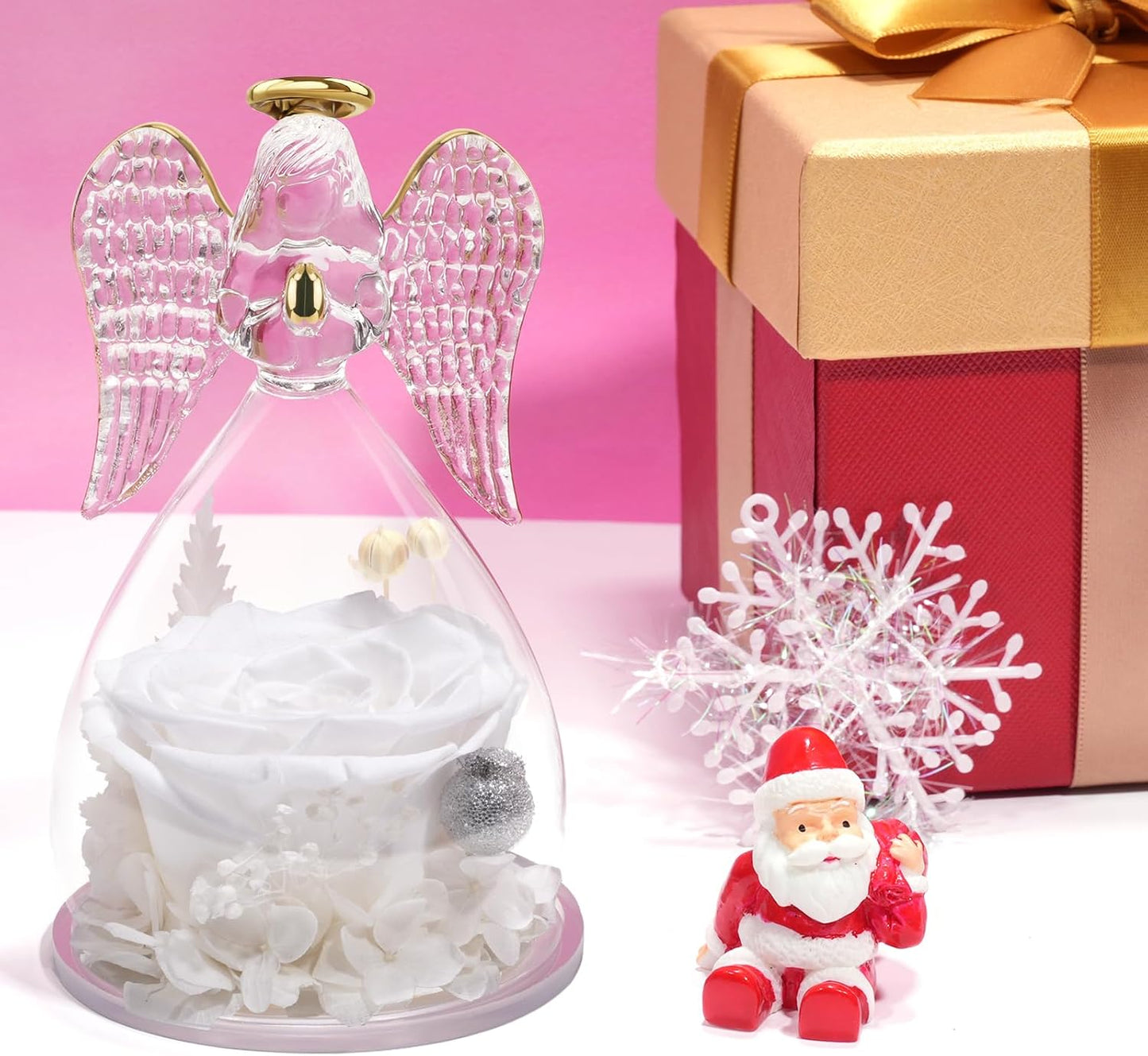 Yamonic Birthday Gifts for Women, Angel Figurines with Real Rose Gifts for Her Mom Grandma,Preserved Flowers Rose Angel Figurines for Mothers Day Christmas Anniversary Birthday Gifts for Her (White)