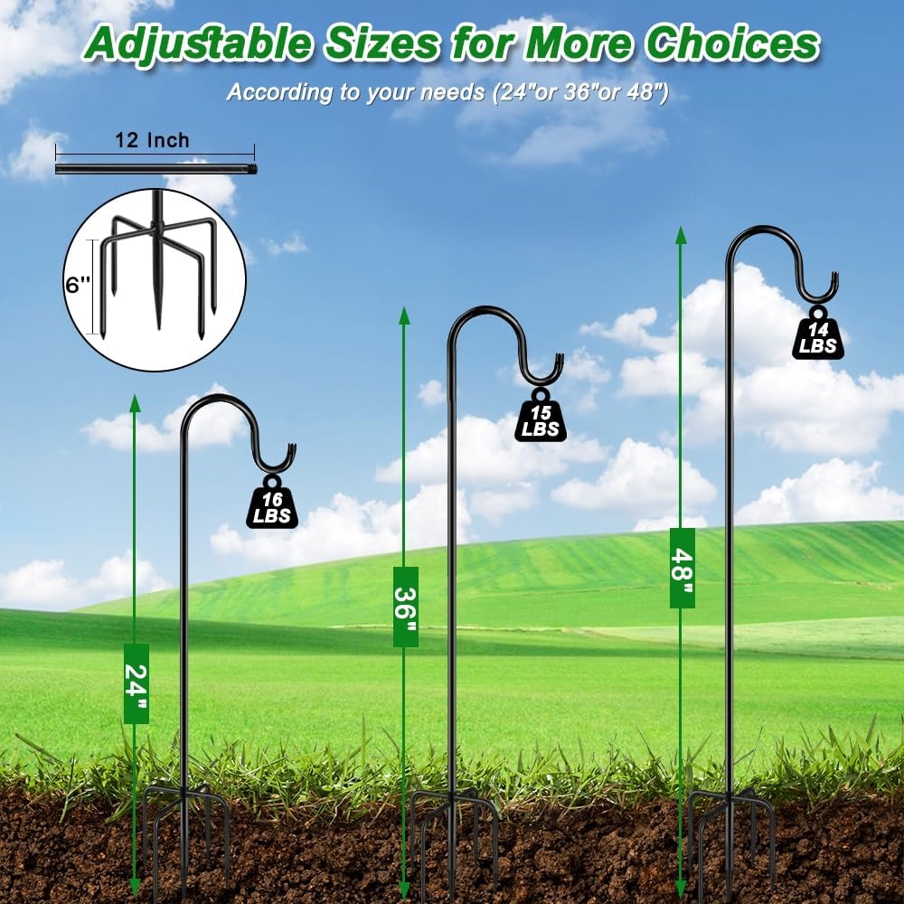 36 Inch Shepherds Hooks for Outdoor, Heavy Duty Bird Feeder Pole with 5 Prong Bases, Garden Hanging Stake for Bird Feeder, Solar Light, Plant Hanger, Wedding Decor, Metal Hanger Hooks, Black, 2 Packs