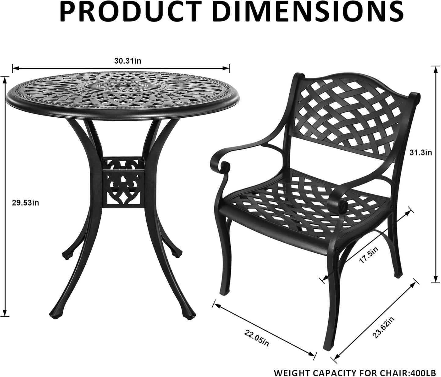 Outdoor Patio Table and Chairs Patio Dining Furniture Set Cast Aluminum Outdoor Table Set Bistro Chairs for Garden (Black, 3 Piece Round Table Set)