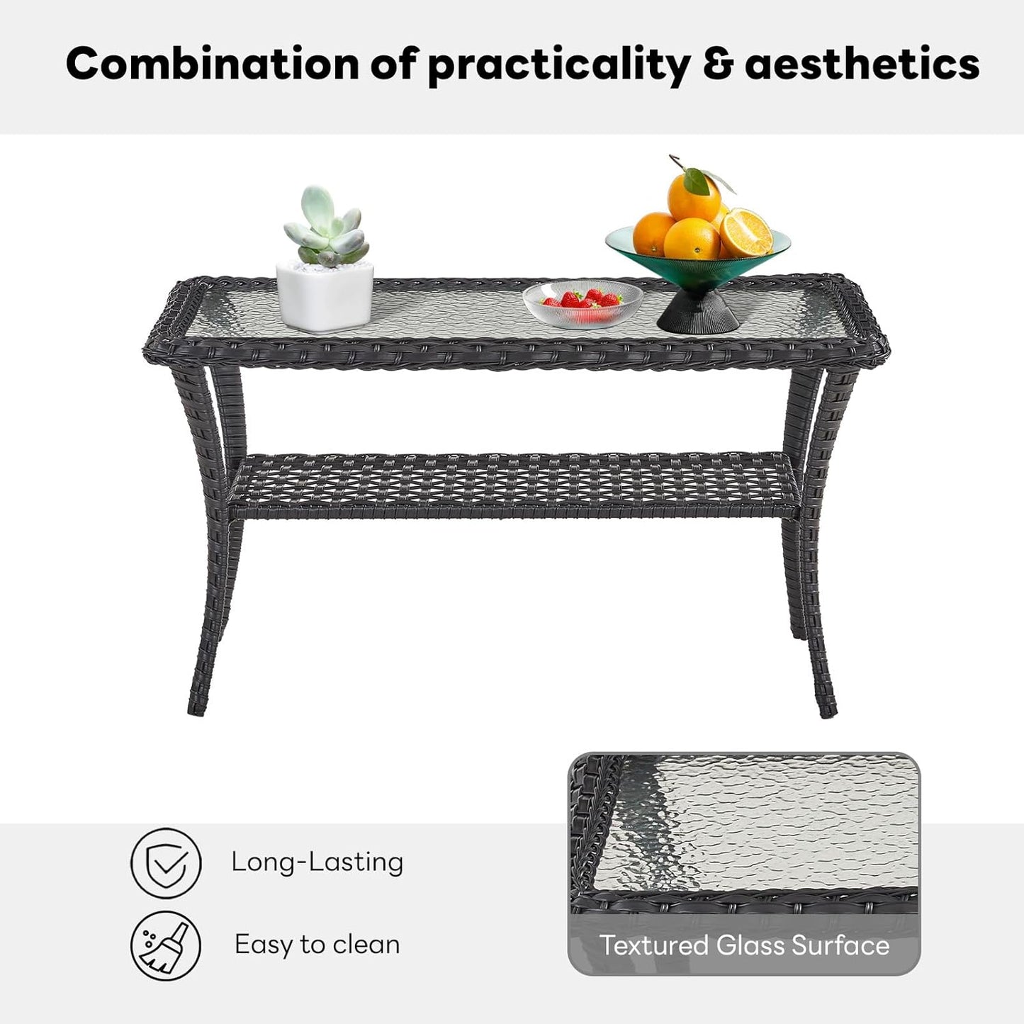 38 Inch Outdoor Coffee Table with 2 Tier Storage - Wicker Coffee Table with Water Ripple Texture Tempered Glass Top, All Weather Patio Coffee Table for Deck Porch Balcony Garden Black