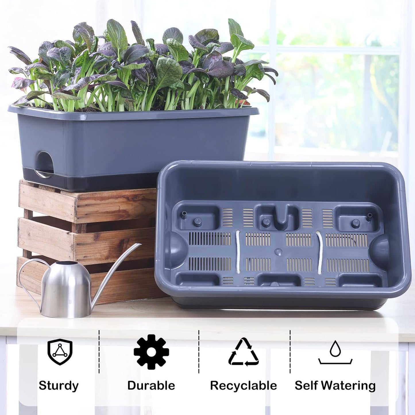 Window Box Planter 6 Pcs, 18 Inches Rectangle Flower Pots with Drainage Holes and Trays, Vegetable Planters for Windowsill Patio Garden Balcony Home Porch Yard Indoor Outdoor (Grey, 18*10*6 inch)