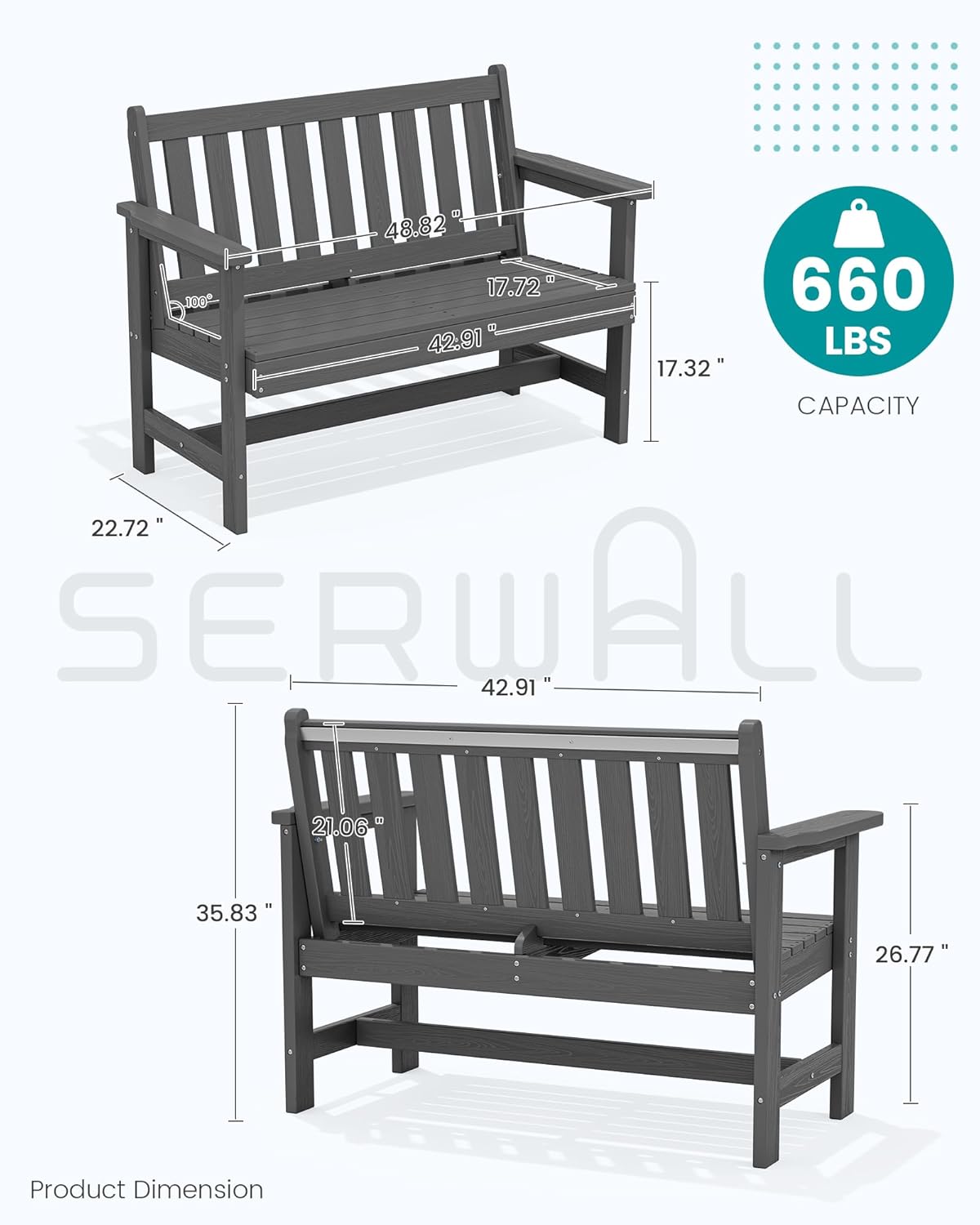 SERWALL Outdoor Bench, HDPE Outdoor Benches Weatherproof, 2-Person Garden Bench with 660 lbs Weight Capacity, Patio Benches for Outdoors, Garden, Porch, Backyard and Park, Grey