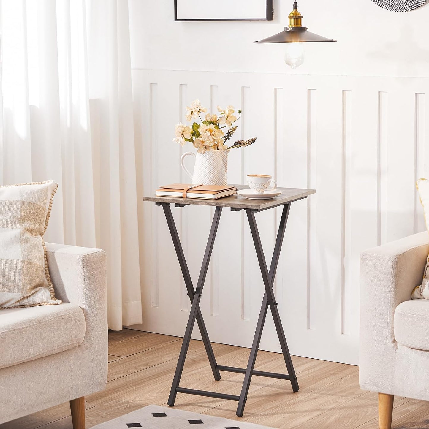 HOOBRO Folding TV Tray Table, Wooden TV Tray, Portable Sofa Side Snack Table, Industrial Desk for Small Spaces, Space-Saving, Easy to Install and Fold, Greige and Black BG27BZ01