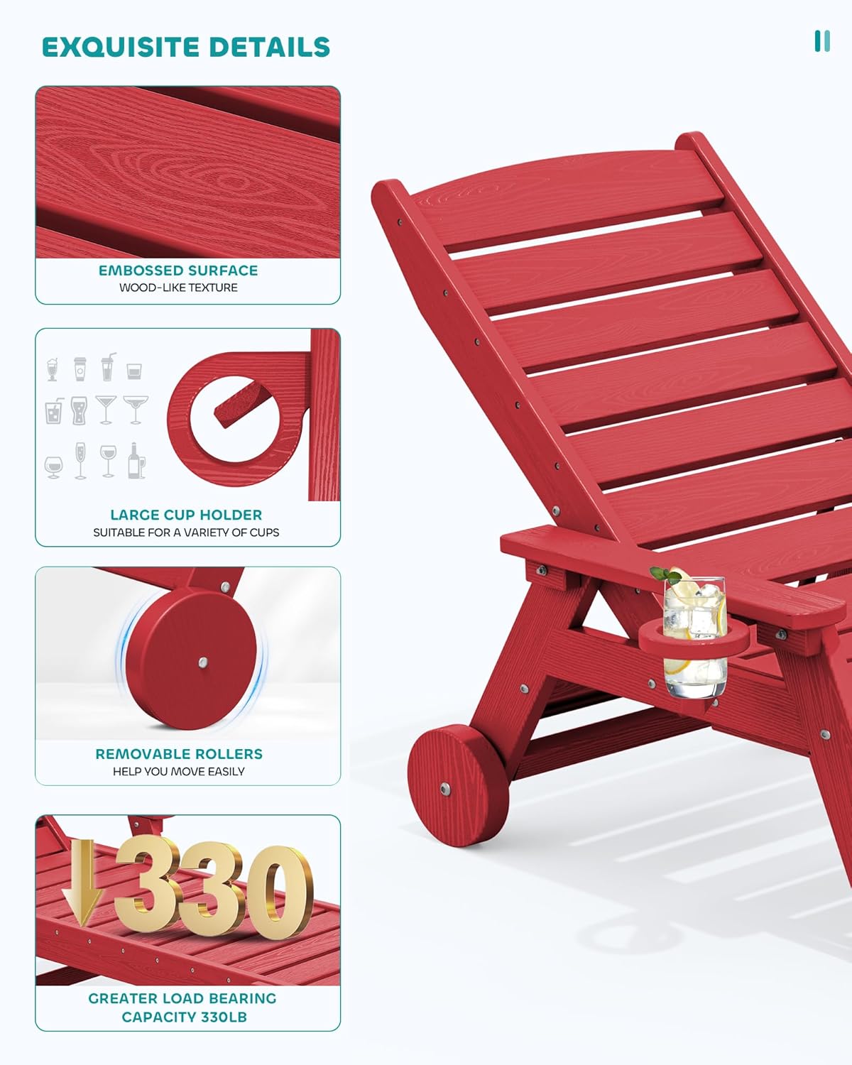 SERWALL Patio Chaise Lounge Chair, 78'' Long HDPE 5 Positions Adjustable Outdoor Lounger, Poly Lounge Chair with Rolling Wheels & Cup Holder for Pool, Bright Red