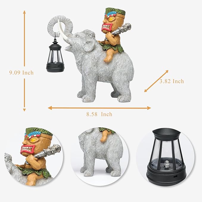 Solar Tiki Statue-Outdoor Statues-Tiki Bar Decor-Solar Powered Light Garden Figurine Tiki Decoration for Bar,Patio,Balcony,Yard,Lawn,Table,Riding A Elephant 9.09 Inches Tall