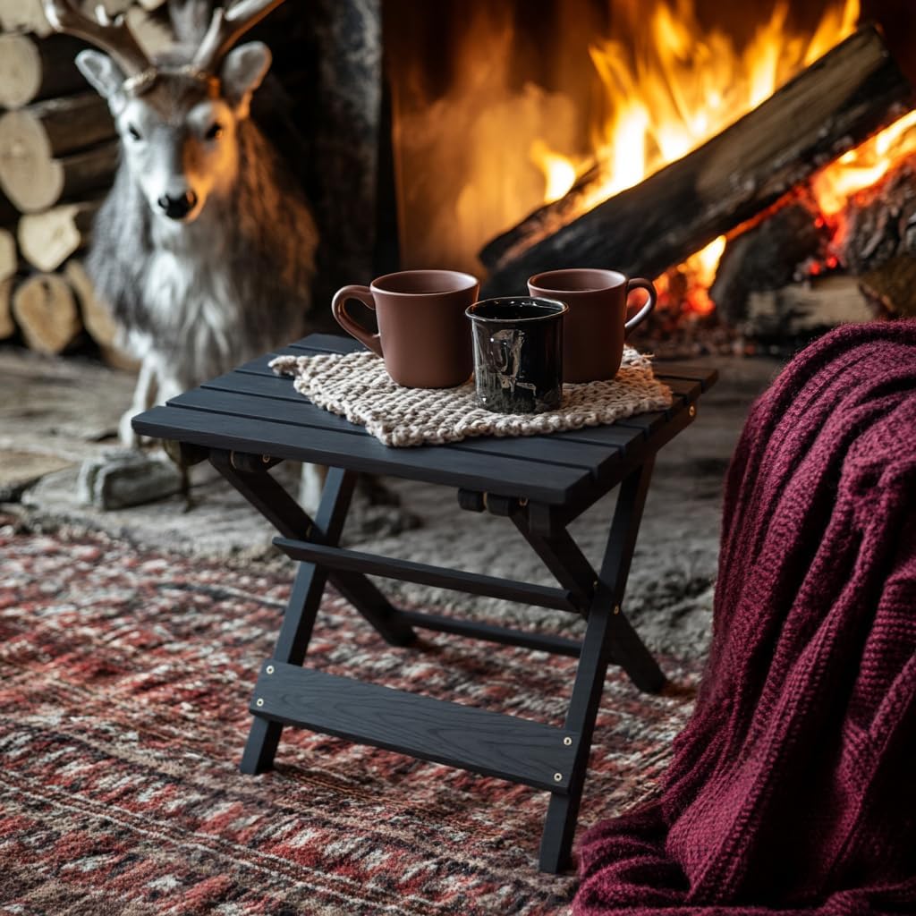 Outdoor Side Table, No Assembly Folding Wooden End Table for Outside or Indoor, Small Patio Tables for Camping, Pool, Bathroom, Backyard and Porch (Black)