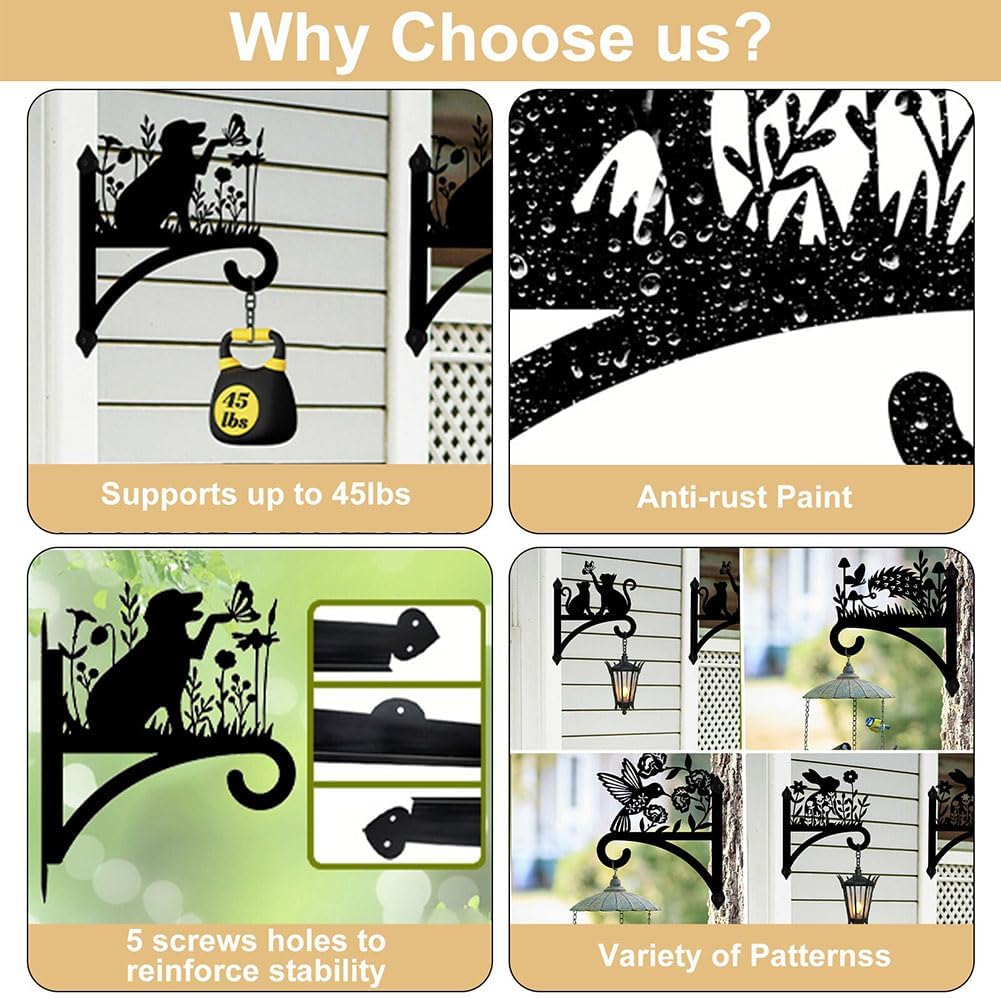 peacoblue Iron Plant Hangers Hooks Cat with Welcome for Outdoor Indoor Hanging Plants Flower Fern Pots Lantern Bird Feeder, 12"x15" Weather Resistant Metal Wall Holder for Porch Garden Farmhouse