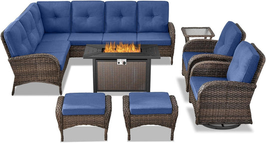 8 Pieces Patio Conversation Set with 43” Propane Fire Pit Table, Outdoor Sectional Furniture Sofa Set with Removable Cushions for Patio Deck Backyard Brown
