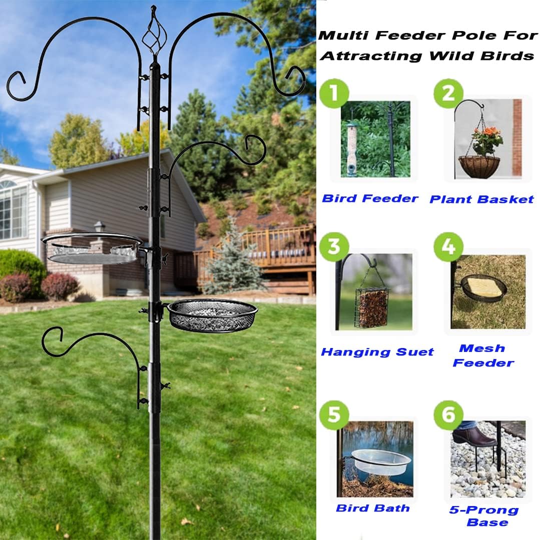 Ashman Deluxe Bird Feeding Station (2 Pack) for Outside - Multi Feeder Pole Stand Kit With 4 Hangers, Bath and 3 Prong Base for Attracting Wild Birds - 22 Inch Wide x 92 Inch Tall