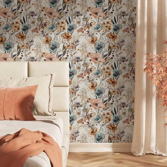 Boho Flowers Brown Leaf Plants Botanical Peel and Stick Wallpaper Self Adhesive Removable Easy Peel Off Stick on Wall Paper for Bedroom Cabinet Renter Friendly
