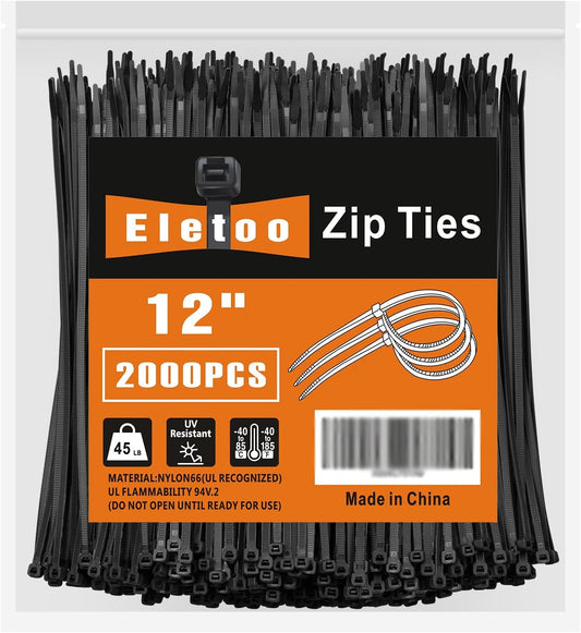 12 Inch Black Zip Ties (2000 Pack), 45 LBS Tensile Strength, Self-Locking Nylon PA66 UV Resistant Cable Ties for Indoor and Outdoor Use