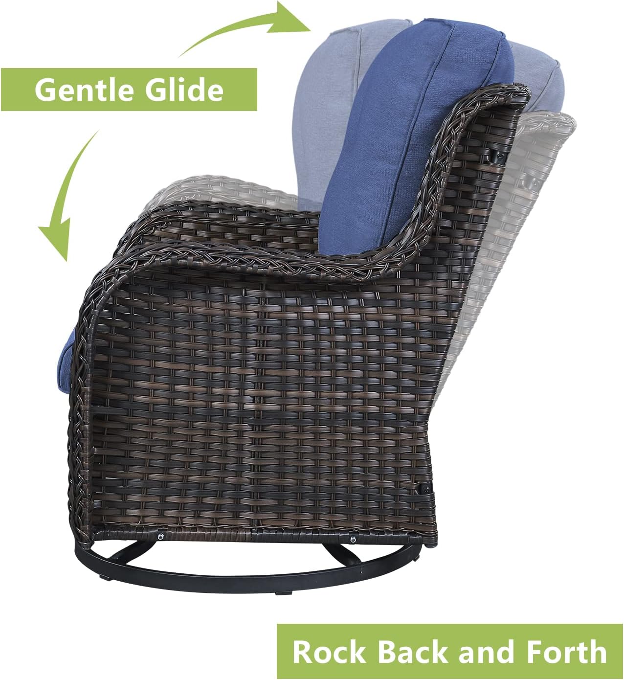 Outdoor Wicker Patio Furniture Set - 6 Piece Rattan Patio Conversation Set with 2 Rocking Swivel Chairs,2 Ottomans,1 Loveseat and 1 Coffee Table for Porch Deck Backyard Garden(Brown/Blue)