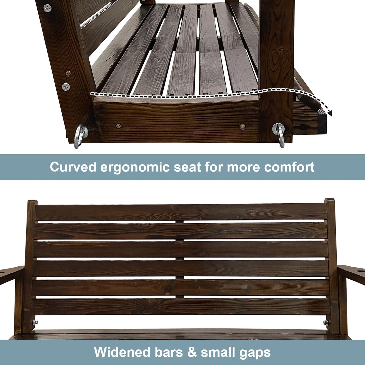 Wooden Porch Swing, Ergonomic Seat, Bench Swing with Hanging Chains and 7mm Springs, Heavy Duty 880 LBS, for Outdoor Patio Garden Yard (Dark Brown, 2-Seater)