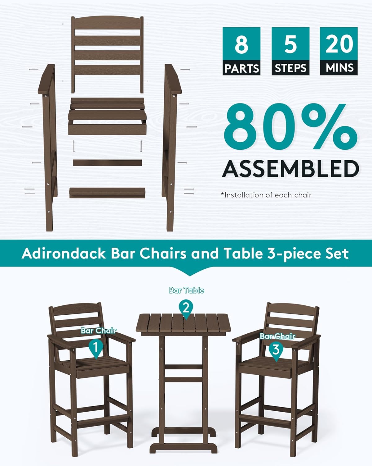 SERWALL HDPE Outdoor Patio Bar Set, Tall Adirondack Bar Chair and Table Set (Coffee, 3 pcs)